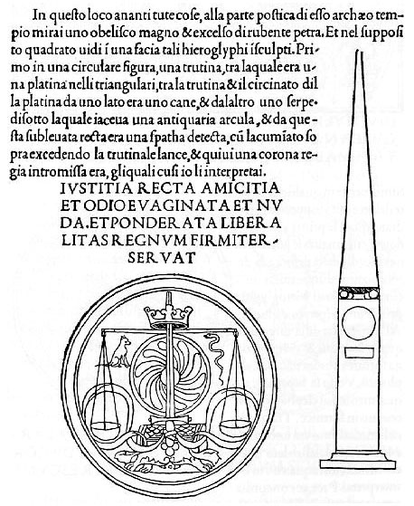 part. dall'Hypnerotomachia: bilancia e spada disposte a croce part. dall'Hypnerotomachia: bilancia e spada disposte a croce